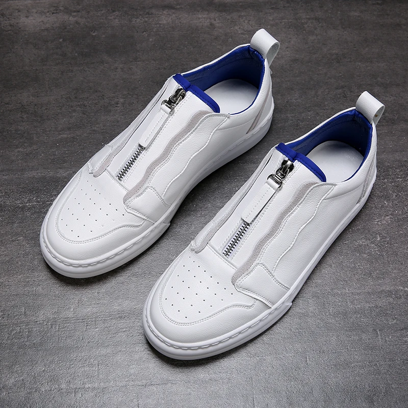 

Luxury Designer Men High Quality Real Leather Shoes Spring Zip Breathable Dress Casual White Loafers Flats Male Sneakers