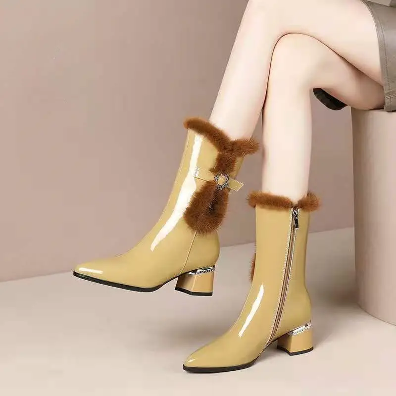 

Женские ботинки на высоком каблуке средней длины, мягкая кожа плюс elvet, толстая хлопковая обувь, теплая зимняя обувь Botas Femininas