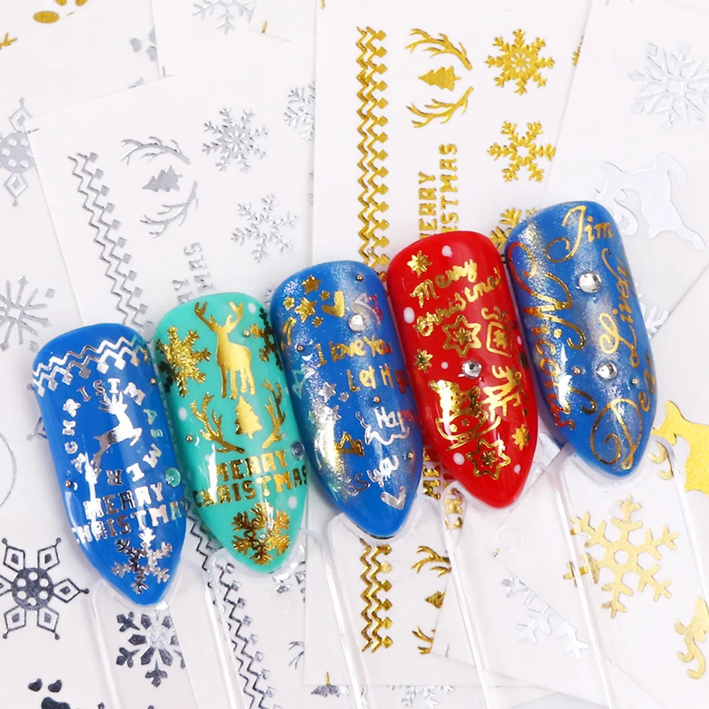 1 лист Золотой Серебряный ноготь наклейки для воды Рождественская елка олень