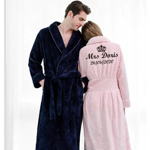 Customize Nama Date Women Men Warm Dobby Coral Fleece Bathrobe Winter Thick Flannel Thermal Kimono D