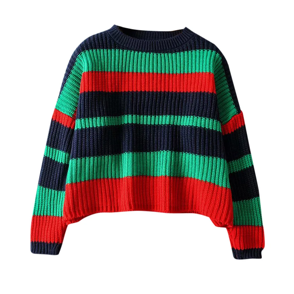 Womail осенний женский свитер пуловер 2019 новый модный Радужный полосатый с круглым