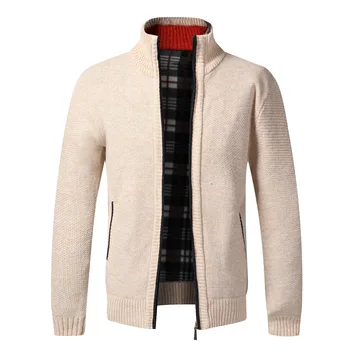 Мужская приталенная куртка с воротником-стойкой, однотонный теплый хлопковый свитер на молнии, Осень-зима