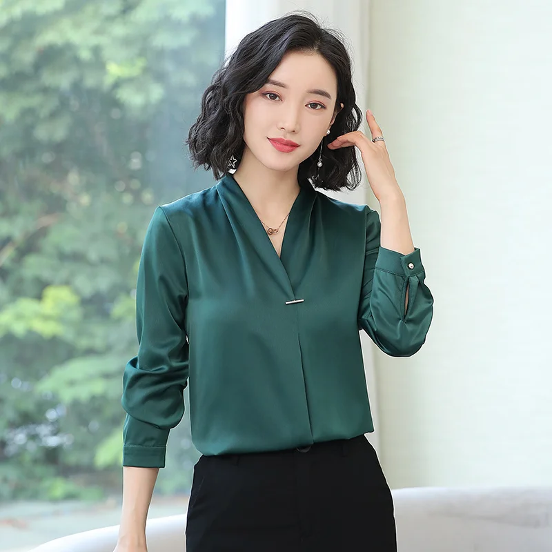 Шикарная Однотонная рубашка с длинным рукавом женская блузка v образным вырезом