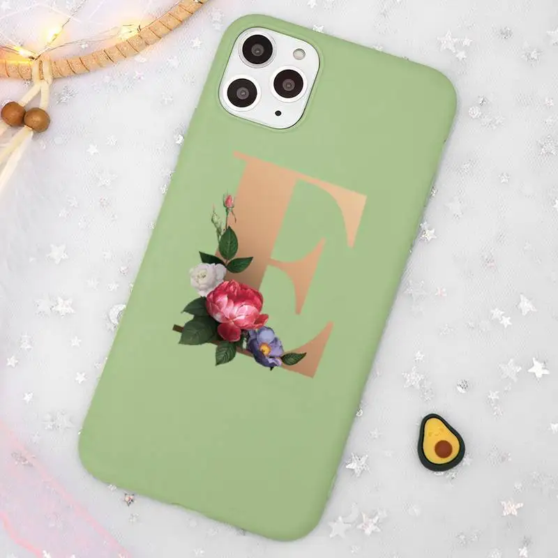 

Vintage Gold Floral Letter Phone Case Candy Color Green for iPhone 11 12 pro XS MAX 8 7 6 6S Plus X SE 2020 XR