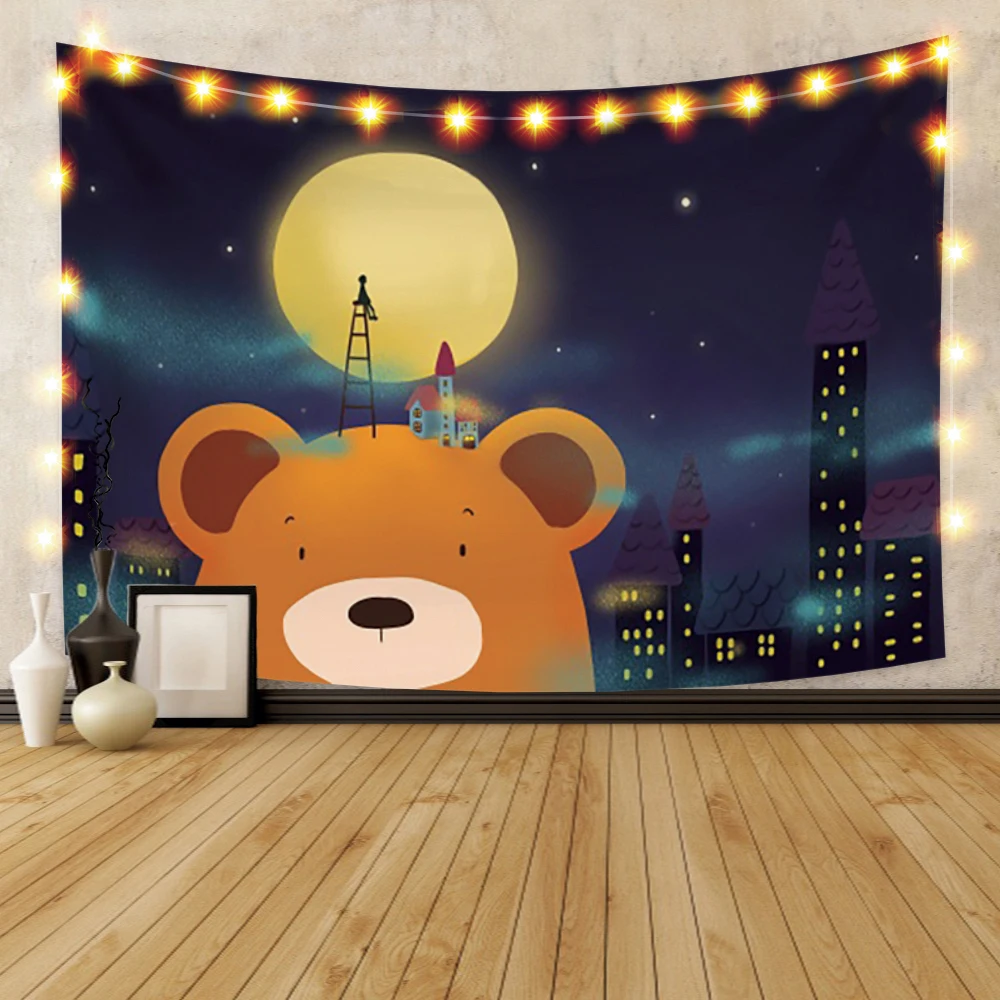 

Laeacco Mandala Tapestry Cartoon Bear Moon Wall Hanging Polyester Wall Cloth Ceiling Kids Home Decor Carpet Wallpaper
