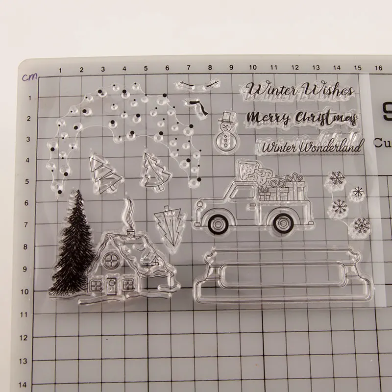 Прозрачные штампы рождественские Зимнее дерево автомобиль Прозрачная