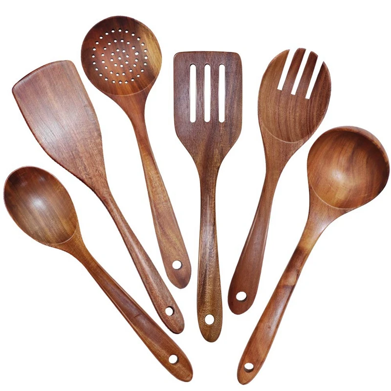 

Wooden Utensils Set of 6, Large Kitchen Cooking Utensil for Non Stick Cookware, Natural Teak Wood Spoons Spatula Ladle Colander,