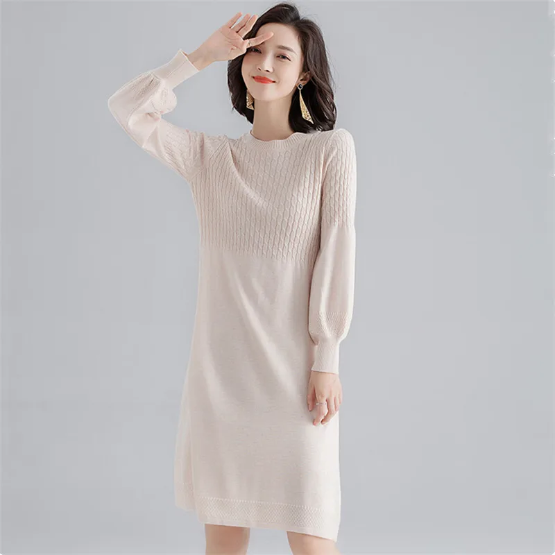 

Autumn Winter Women Dress Loose Knitted Sweater dress Long sleeve O-neck Casual female bing vestidos de invierno de manga larga