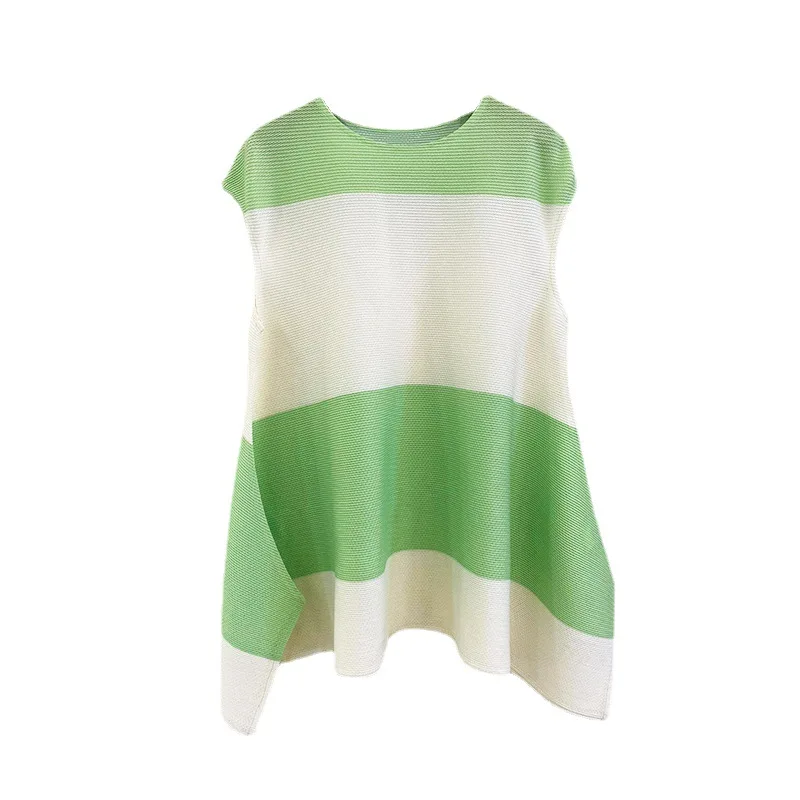 

TVVOVVIN 2021 Summer New Mid-Length Pleated T-shirt Contrast Sleeveless Loose O-neck Large Size Pleated Tops VNIL