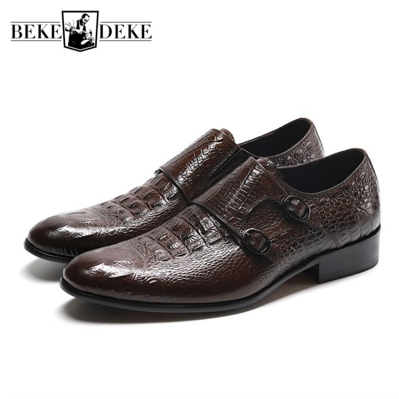 

2020 New British Style Men Genuine Leather Shoes Luxury Brand Pointed Business Formal Shoes Double Buckle Wedding Dress Shoes