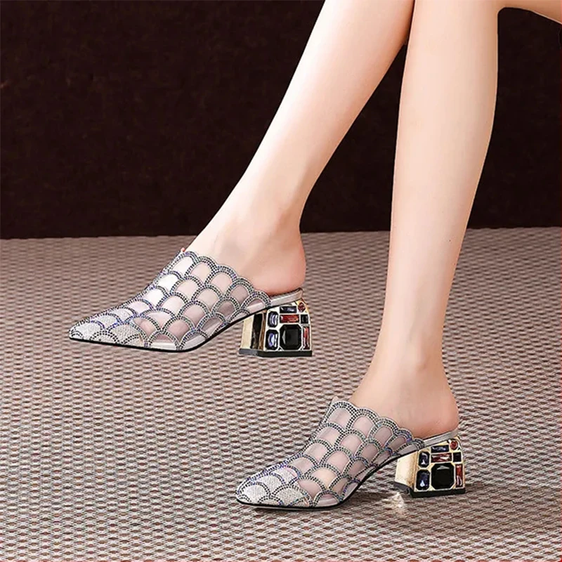 

2021 Sexy Solid Women Sandals Square Toe Summer Lady Heels Shoes Fashion Metal Decorate Ladies Sandals Zapatillas Mujer Casa