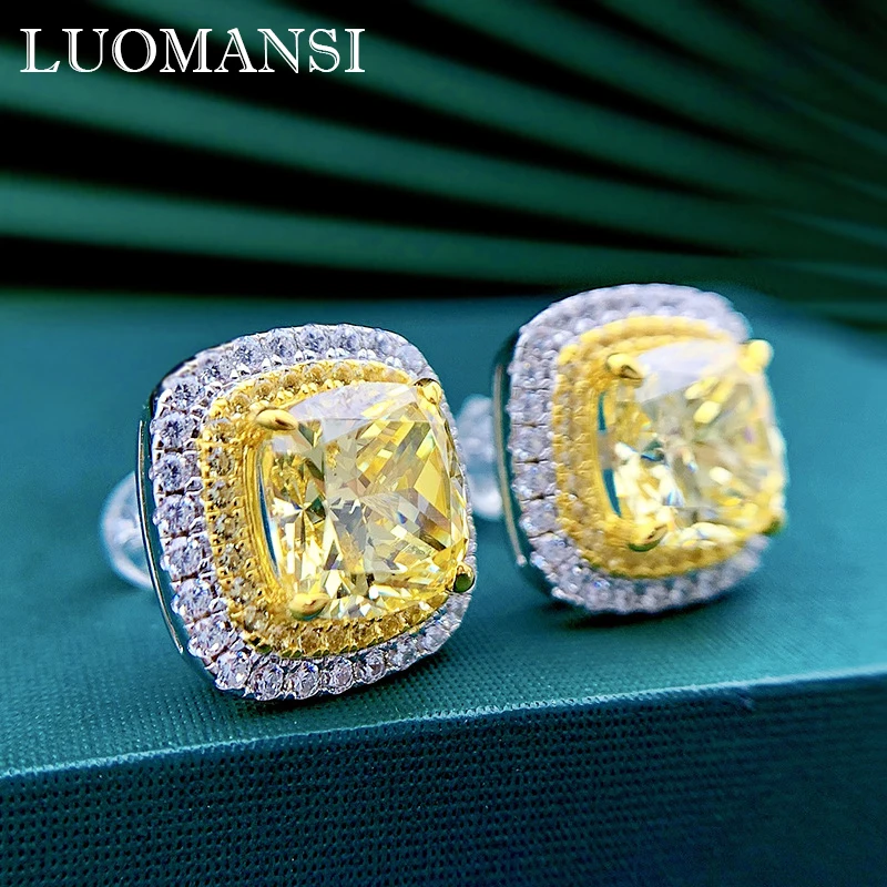 

Luomansi 8*8MM Square Yellow High Carbon Diamond Silver Earrings Woman S925 Jewelry Wedding Birthday Party Gift