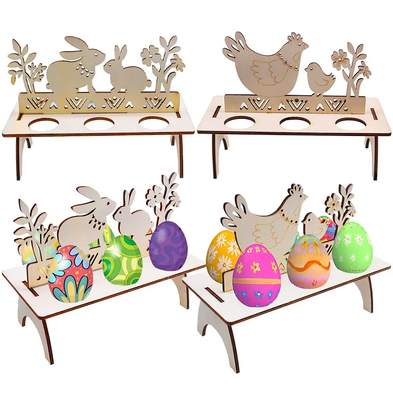 Деревянная полка для пасхальных яиц с рисунком цыпленка кролика украшение