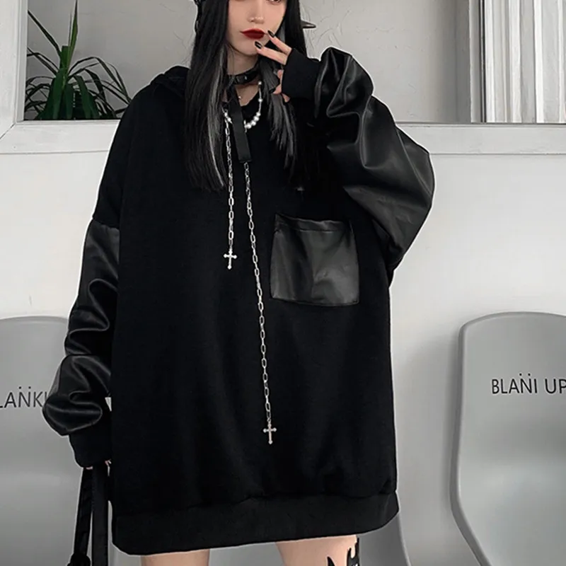 

Коллекция 2021 года, ретро-одежда в гонконгском стиле, темно-черный свободный свитер с капюшоном и кожаным рукавом, с металлической цепочкой