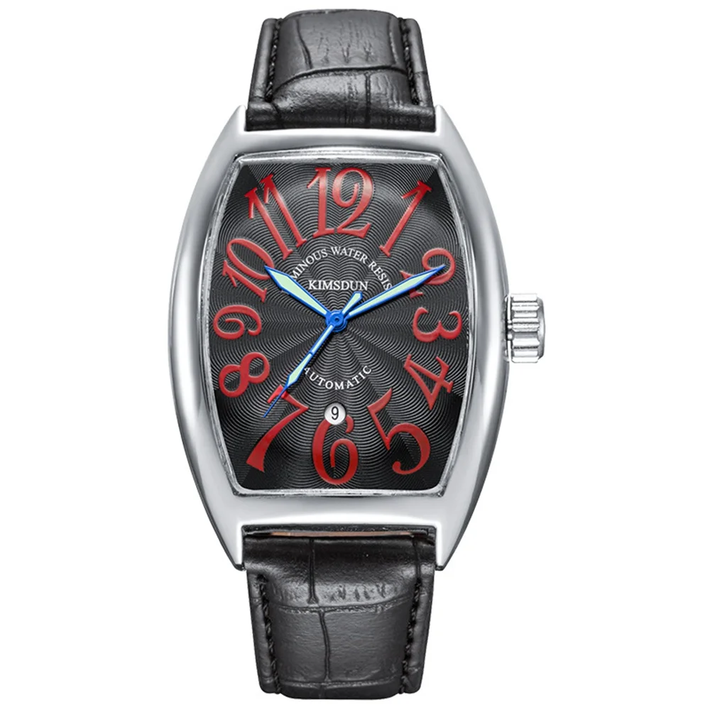 black silver red Роскошные брендовые деловые механические часы Tonneau Мужские Водонепроницаемые кожаные автоматические наручные часы для мужчин relojes hombre - Цвет: black silver red
