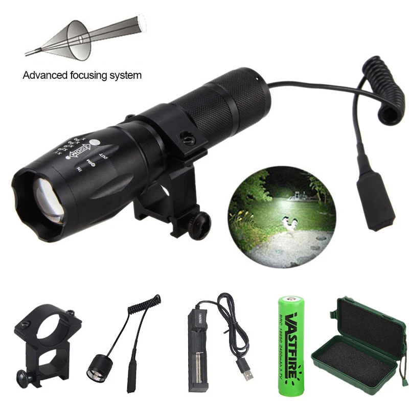 

Zoomable Hunting Flashlight Tactical XML T6 White LED 5 Modes Hunting Torch with Scope Mount +18650 Battery+USB Charger