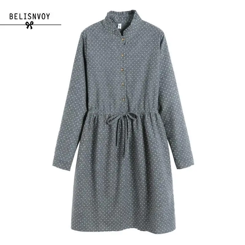 Mori Girl Spring Autumn Women Dresses Stand Collar Elbise Long Sleeve Vintage Dress Polka Dot Printed Femininos Vestidos