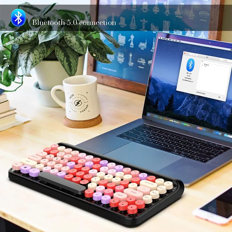 

84 Keys Bluetooth Keyboard Retro Round Keycap Plastic Panel Colorful Border Waterproof Mobile Phone Keyboard 2.4GHZ Technology