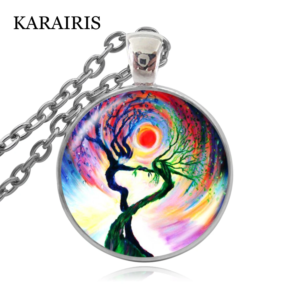 

KARAIRIS New Tree Life Art Pendant Statement Necklace Photo of Glass Cabochon Balance Meditation Choker Necklace for Women Gifts