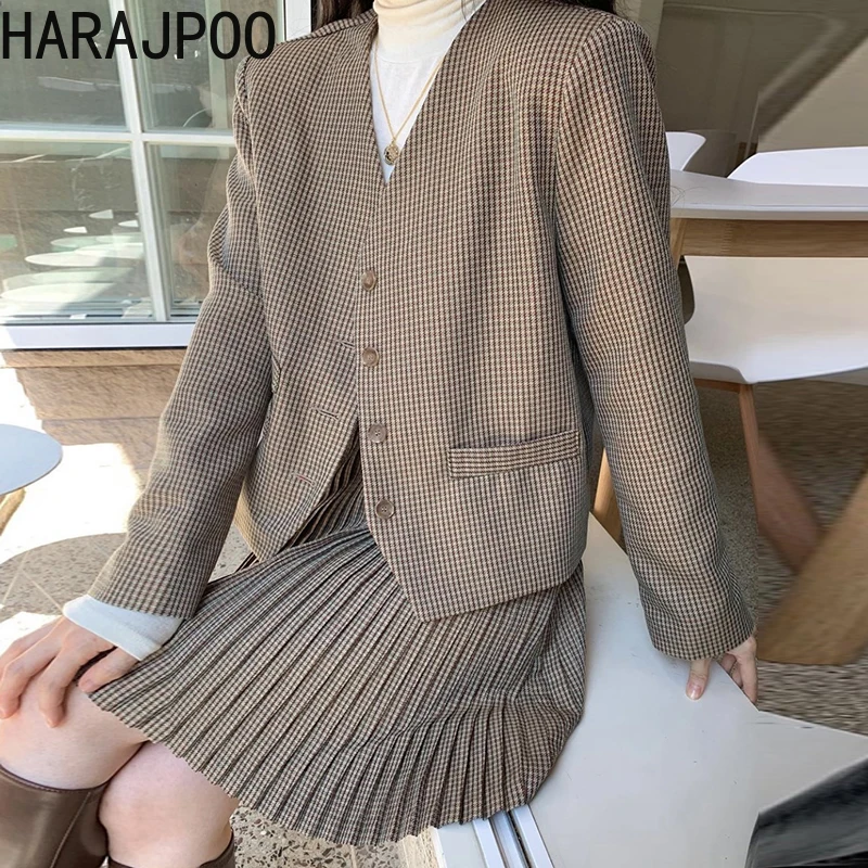 

Женский однобортный Блейзер Harajpoo, винтажный однотонный Блейзер во французском стиле, с V-образным вырезом, в Корейском стиле, осень 2021