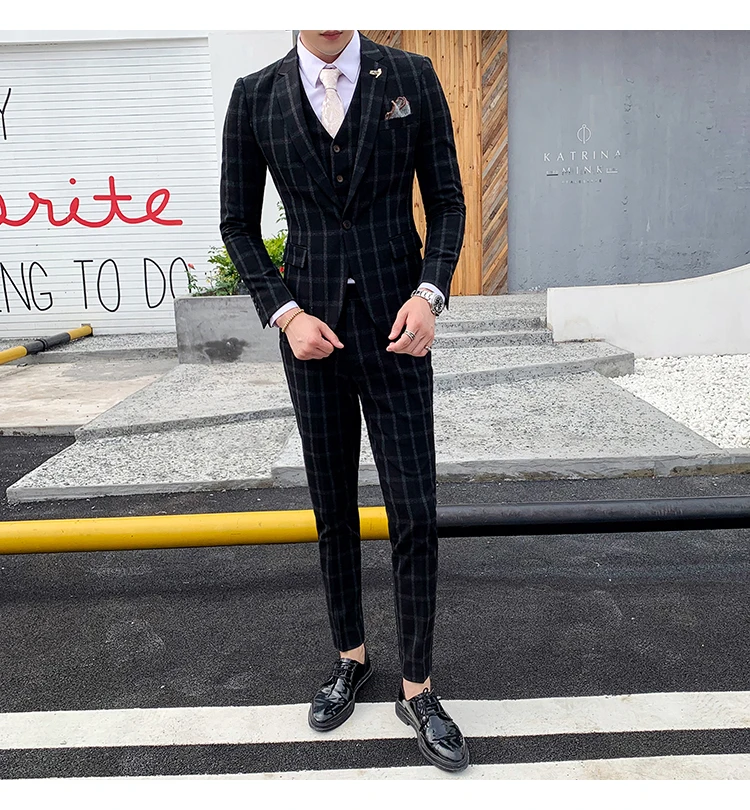 Элегантный Черный, серый цвет Клетчатый костюм «Человек Осень Slim Fit Мужские свадебные костюмы костюм 3 предмета Homme костюмы для торжественных случаев для Для мужчин Q176