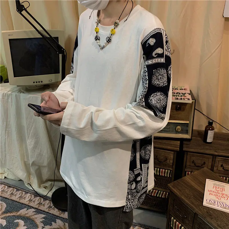 

Spring and Autumn Large Size Long Sleeve T-shirt Men's Spliced Loose Jacket Korean Original Style Trend Backing Shirt
