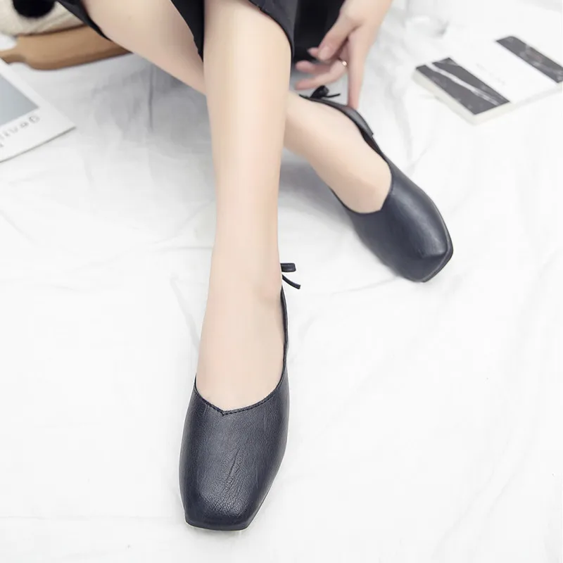 

2019 new retro shallow mouth versatile flat shoes square head bow women's shoes