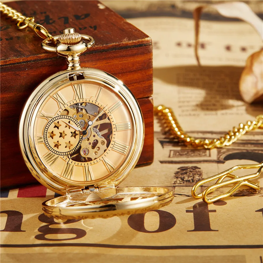 Ancient Antique Steampunk Mechanical Pocket Watch Necklace Hollow Skeleton Hand Wind Carved  Fob Watch Pendant Chain Men Women