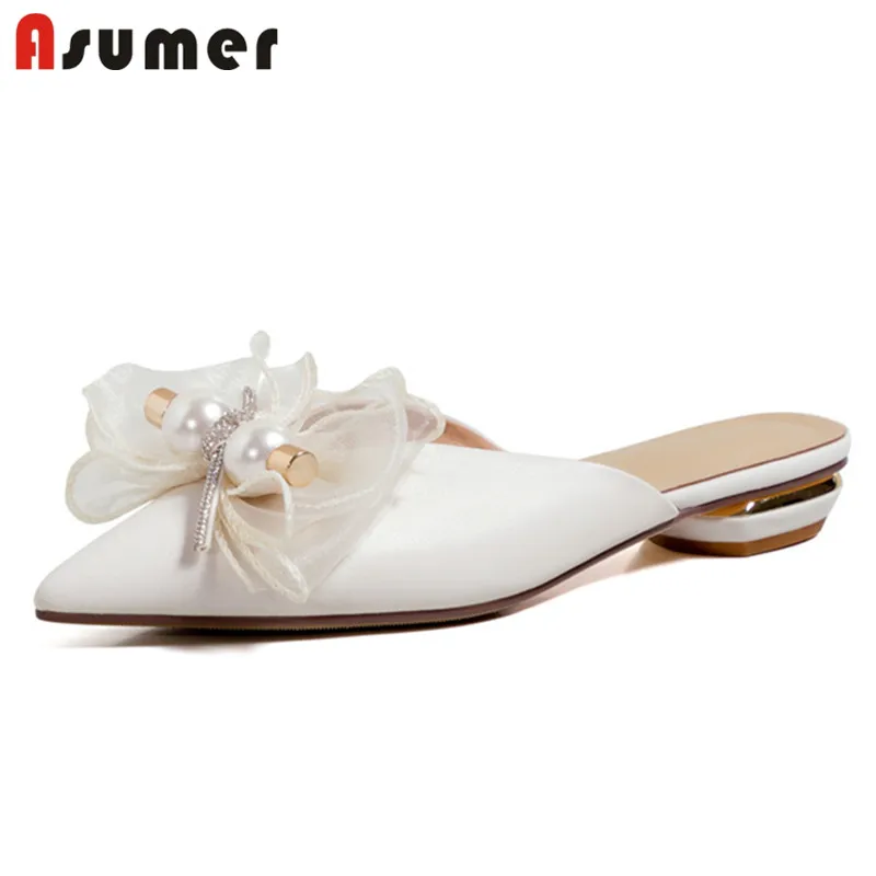 

Asumer 2021 Hot Sale Genuine Leather Shoes Women Slipper Bowknot Pointed Toe Pearl Summer Slipper Low Heel Casual Shoes Woman