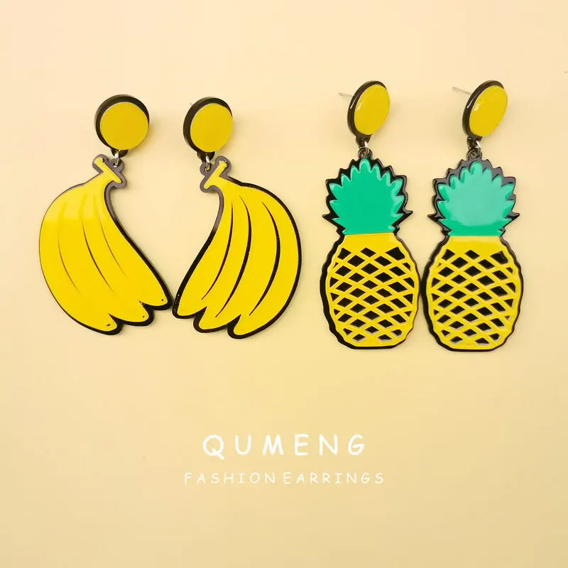 QUMENG Cute Pineapple banana Fruit Earrings For Women Korean Style Fashion Resin Acrylic stud Earring Ladies Big punk Earring
