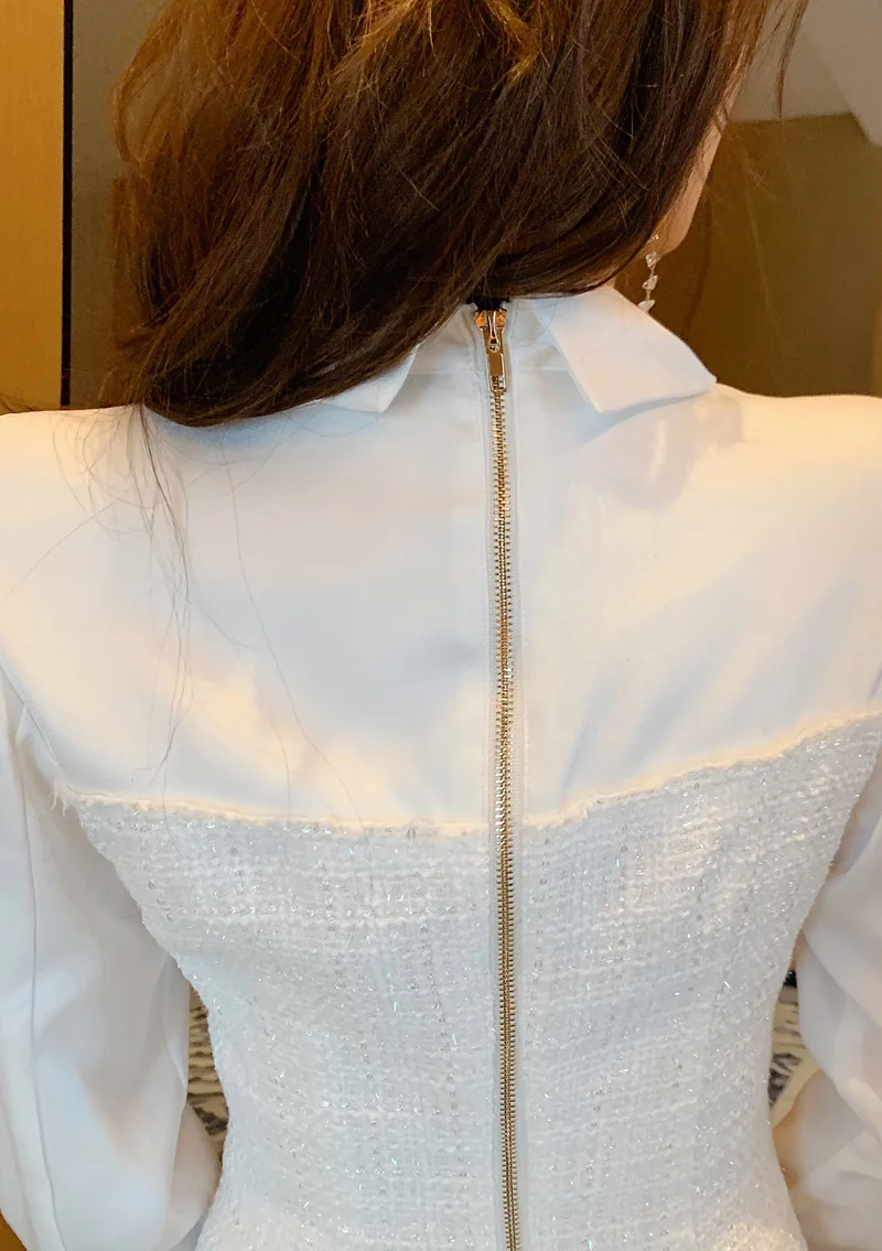 

Dress Autumn Winter Women Dress Long Sleeve Single-Breasted Office Lady Elegant Tweed Patchwork Slim White Dresses Y159
