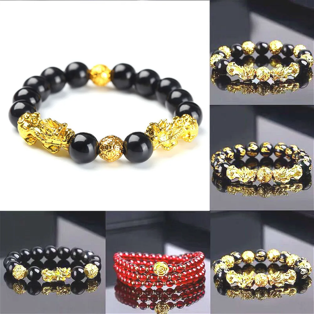 

Feng Shui Obsidian Stone Beads Bracelet Men Women Unisex Wristband Gold Black Pixiu Wealth and Good Luck Women Bracelet