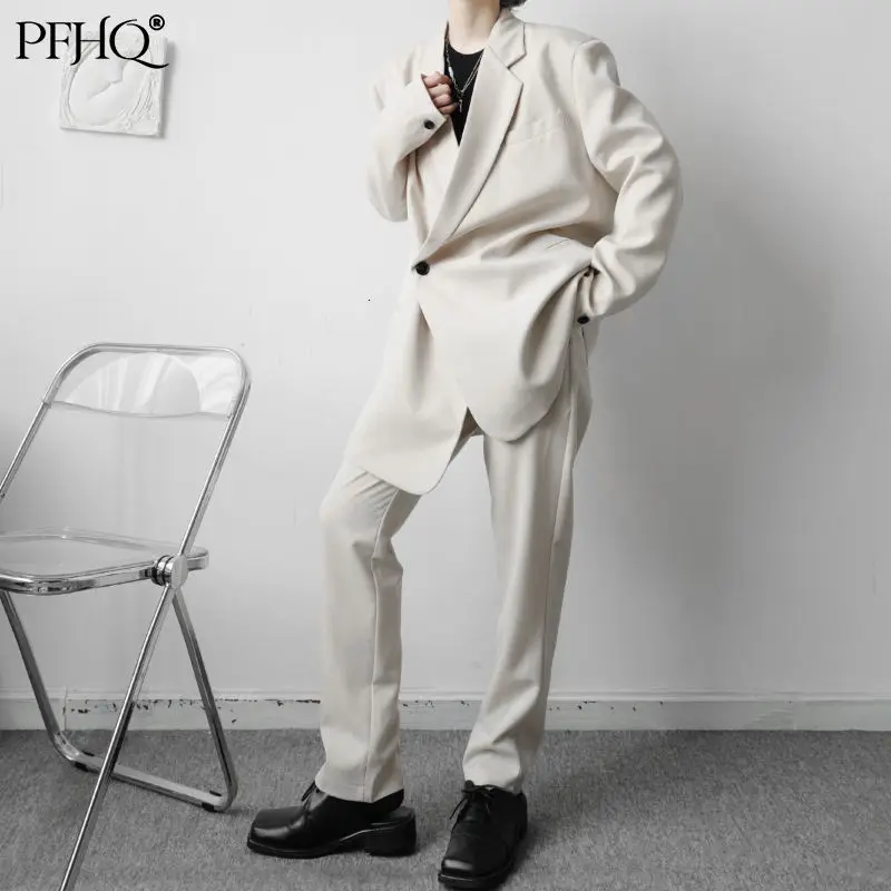 

PFHQ 2021 New Fashion Solid Color Men's Flat Collar One Button Korean Office Lady Loose Suit Two-piece Autumn Winter 21A6302