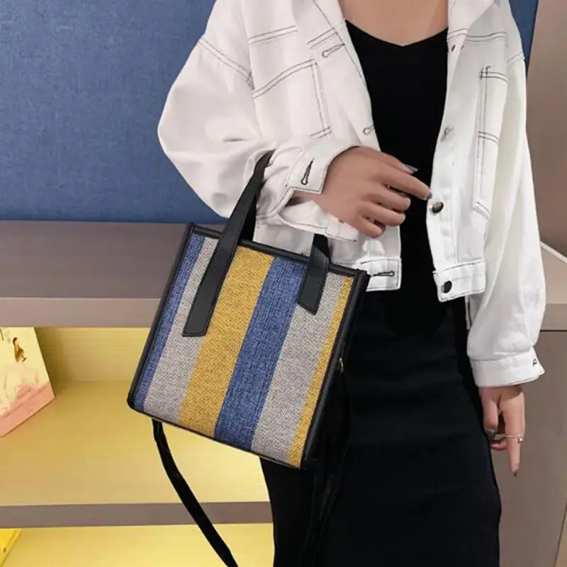

2020 Fashion High Quality Shopping Bags For Women Lady Colored stripes canvas bag Handbag Large Capacity tote bag for women
