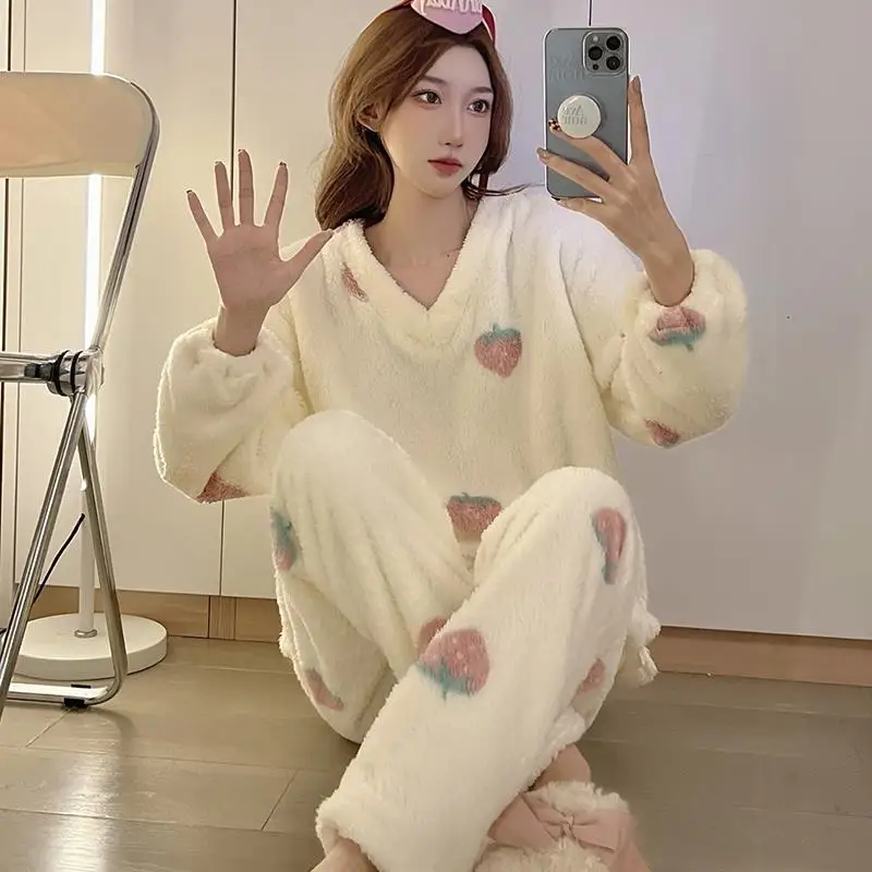 QWEEK Sleepwear Women Coral Fleece Pajamas Winter Home Clothes V Neck Strawberry Pyjamas loungewear Pijamas Kawaii Nightwear