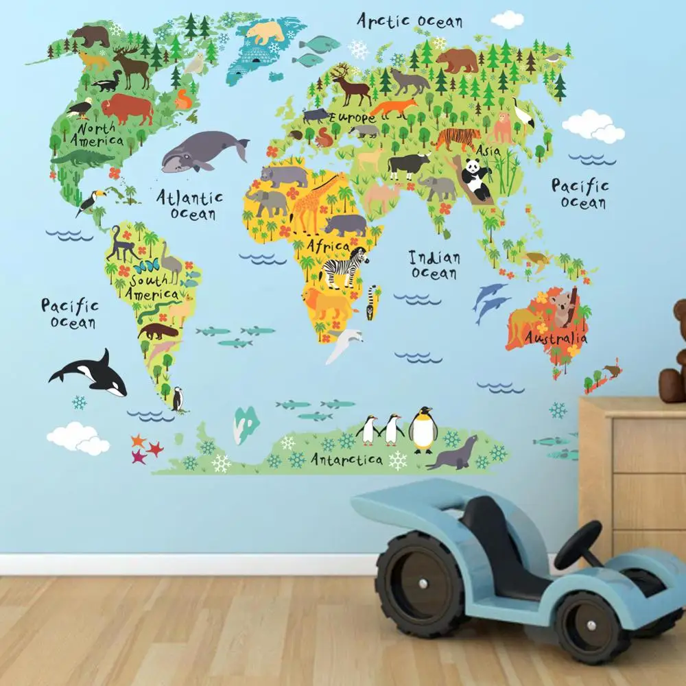 

Мультяшные животные карта мира наклейки на стену для детской комнаты офиса Декор для дома ПВХ наклейки на стену diy роспись художественные плакаты