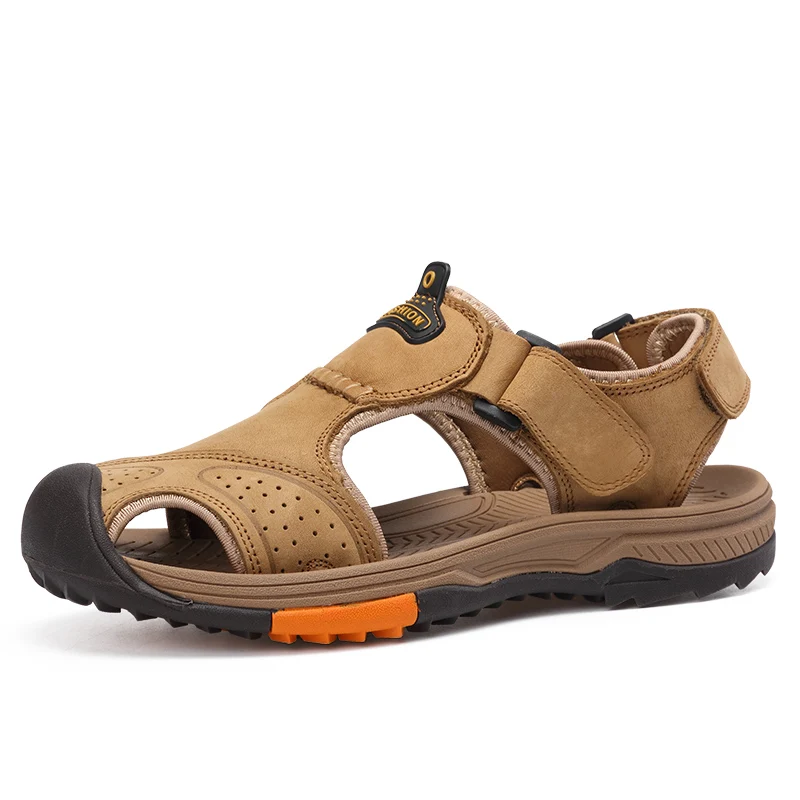 

Men Sandals Genuine Leather Summer Casual Shoes Cool Fashion Men's Beach Sandals Portective Toe Cap Mens Shoes 38-44