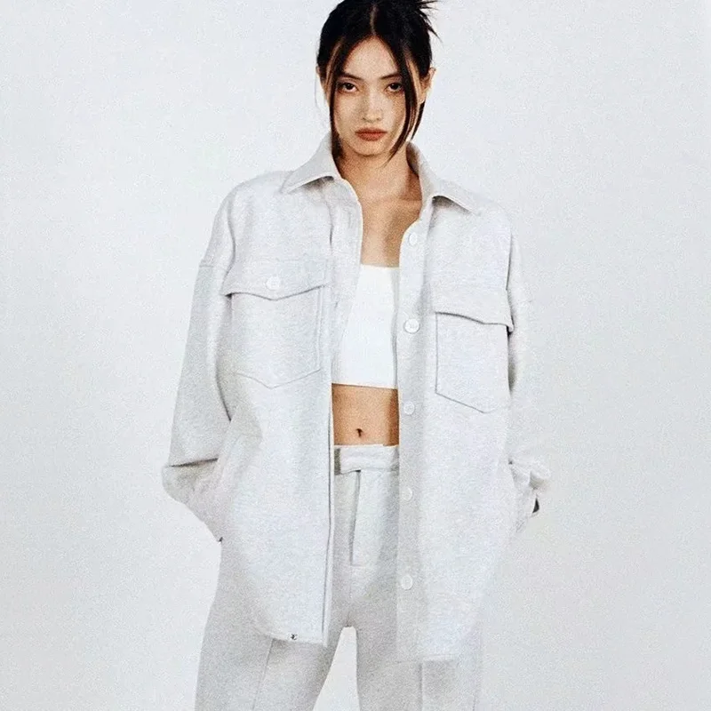 

Women Drop Shoulder Longline Pocket Front Thick Blouse Button Up Longline Shacket Y076