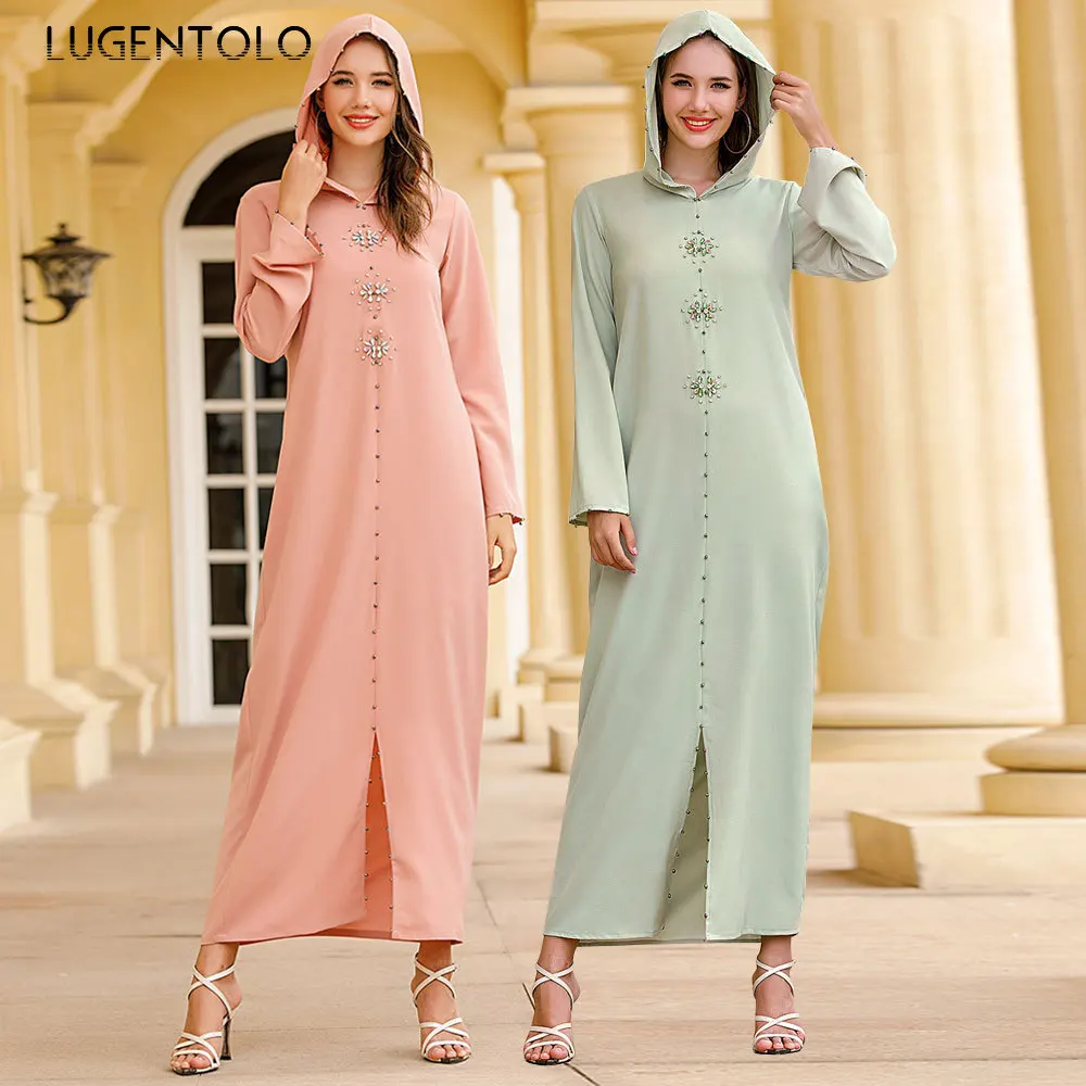 

Lugentolo женское винтажное платье с капюшоном ручная работа Кристалл бриллиант мода мусульманское однотонное платье свободные женские элеган...