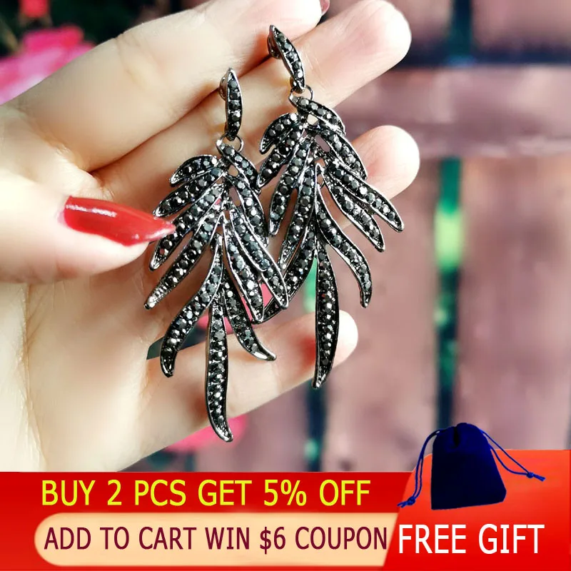 LEEKER Женская Ослепительная Черный кубический цирконий перо в форме длинные