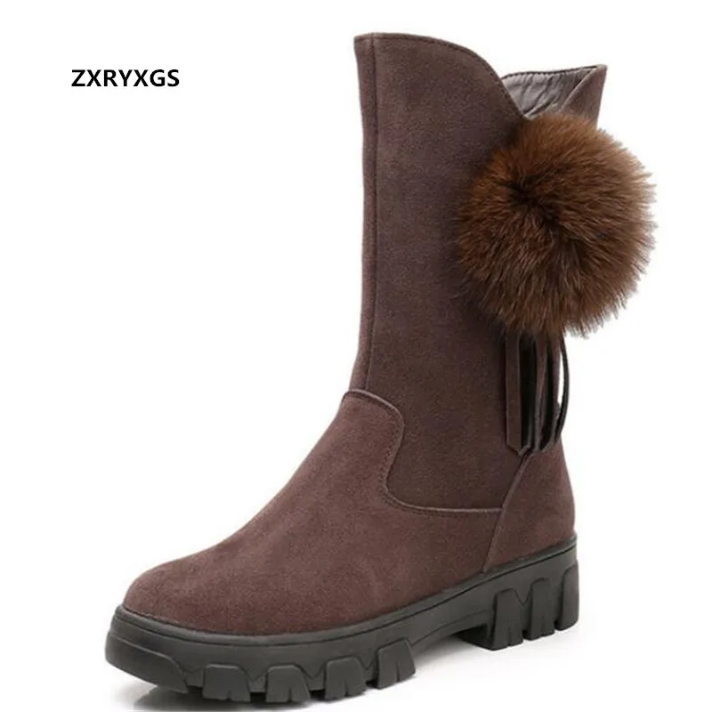 

2020 New Rabbit Fur Decoration Top Frosted Cowhide Fashion Knight Boots In-tube Winter Snow Boots Woman's Boots Warm Shoes Large