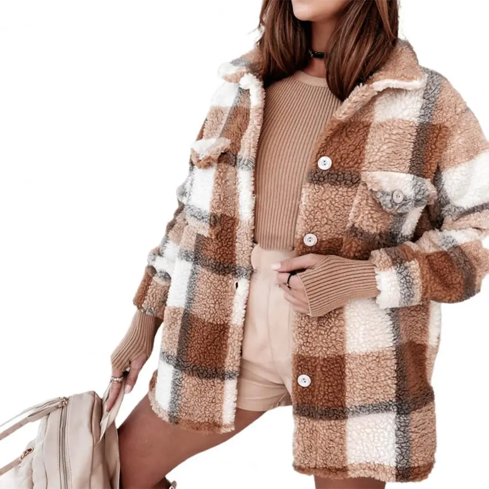 

Loose Women Plush Coat Plaid Single Breasted Turndown Collar Pockets Autumn Winter Office Lady Jacket Overcoat