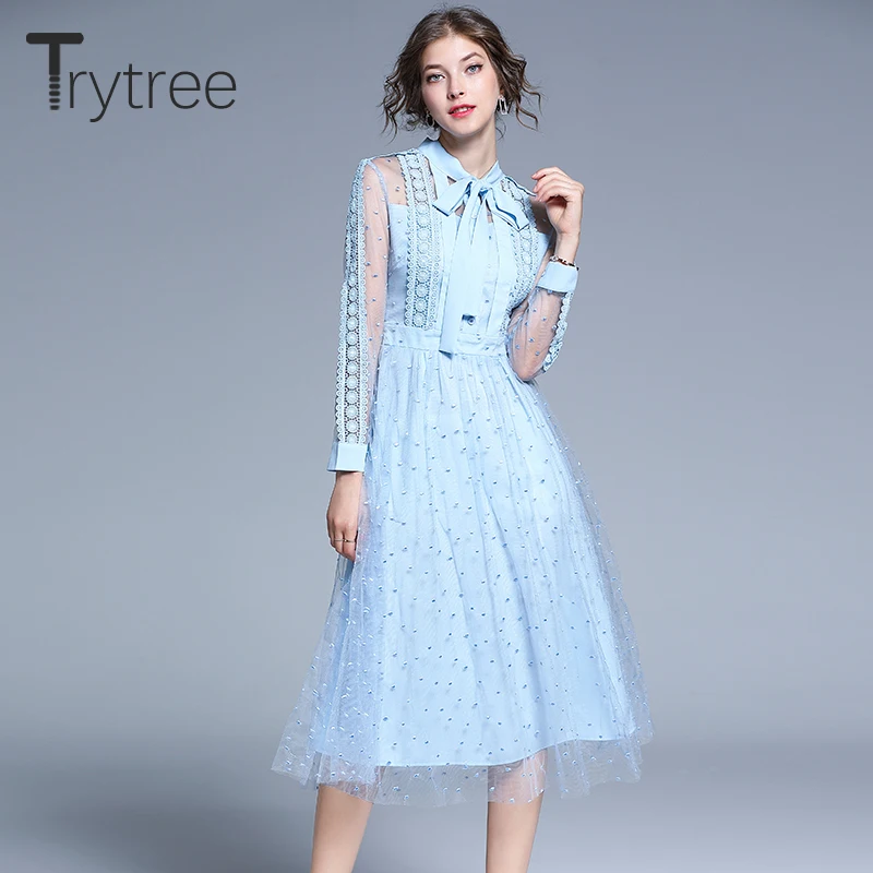 Женское Повседневное платье с вуалью Trytree синее офисное трапециевидной формы до