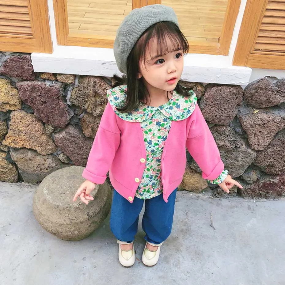 Весенняя одежда для девочек блузка с цветочным рисунком + кардиган джинсы костюм