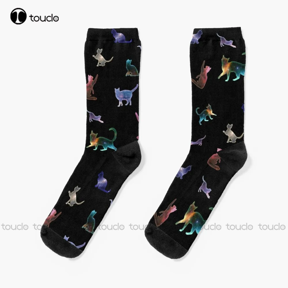 Space Cats Print Socks White Soccer Socks Christmas Fashion New Year Gift Unisex Adult Teen Youth Socks 360° Digital Print
