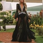 Черная накидка на бикини в стиле ретро с цветочным принтом, сексуальное летнее платье с открытой спиной и длинным рукавом, женская пляжная одежда, накидка на купальник