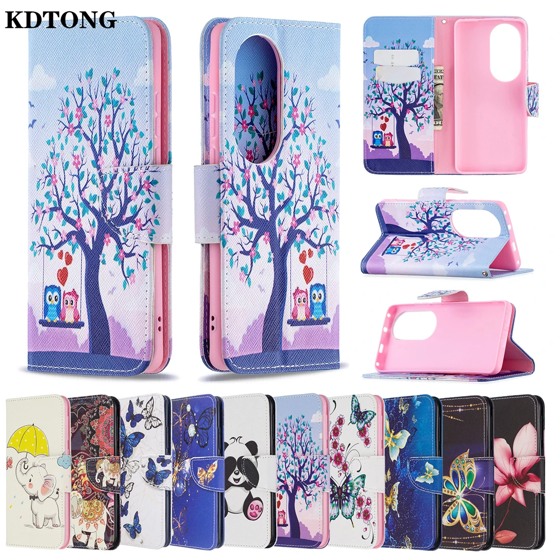 

Cute Painted Phone Case for Huawei P50 P40 Lite E P30 Pro Etui Full Protect Cover Flip Leather Card Solt Kickstand Fundas Shell