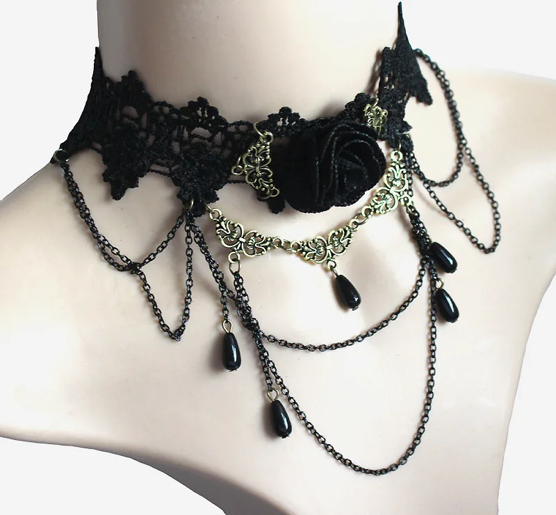

100 pcs /lot European and American exaggerated fashion lace necklace black rose gem pendant neck chain