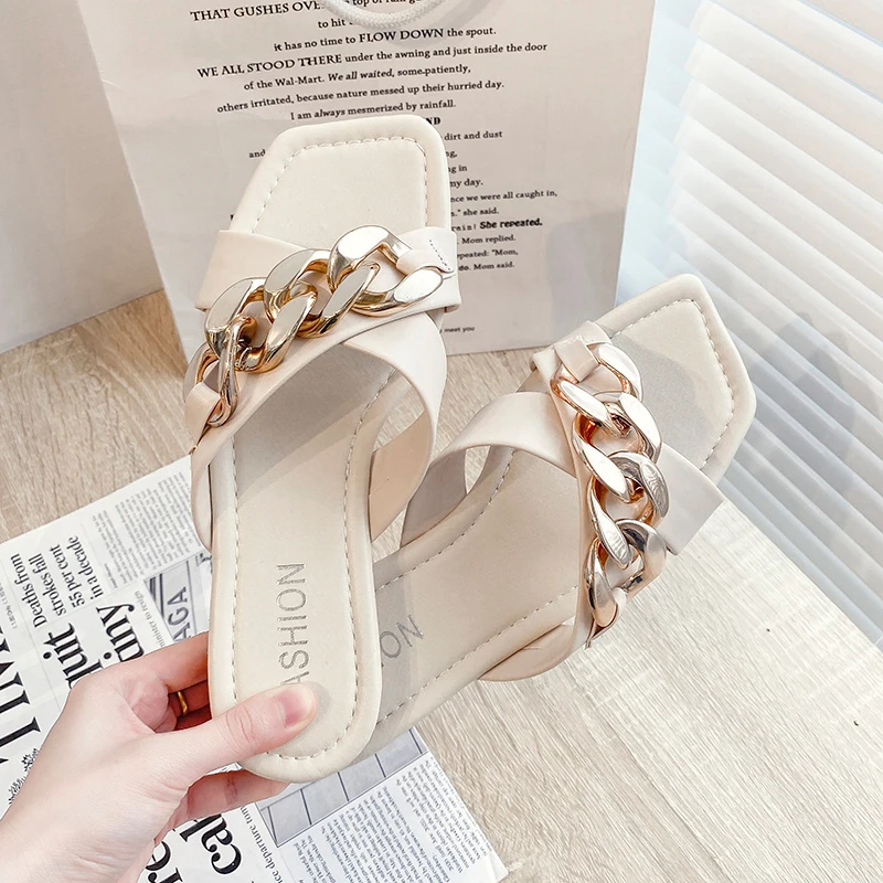 

Shoes Slippers Soft Slipers Women Shale Female Beach Square Toe Slides Comfort 2021 Summer Flat Sabot Rubber Basic PU Chain