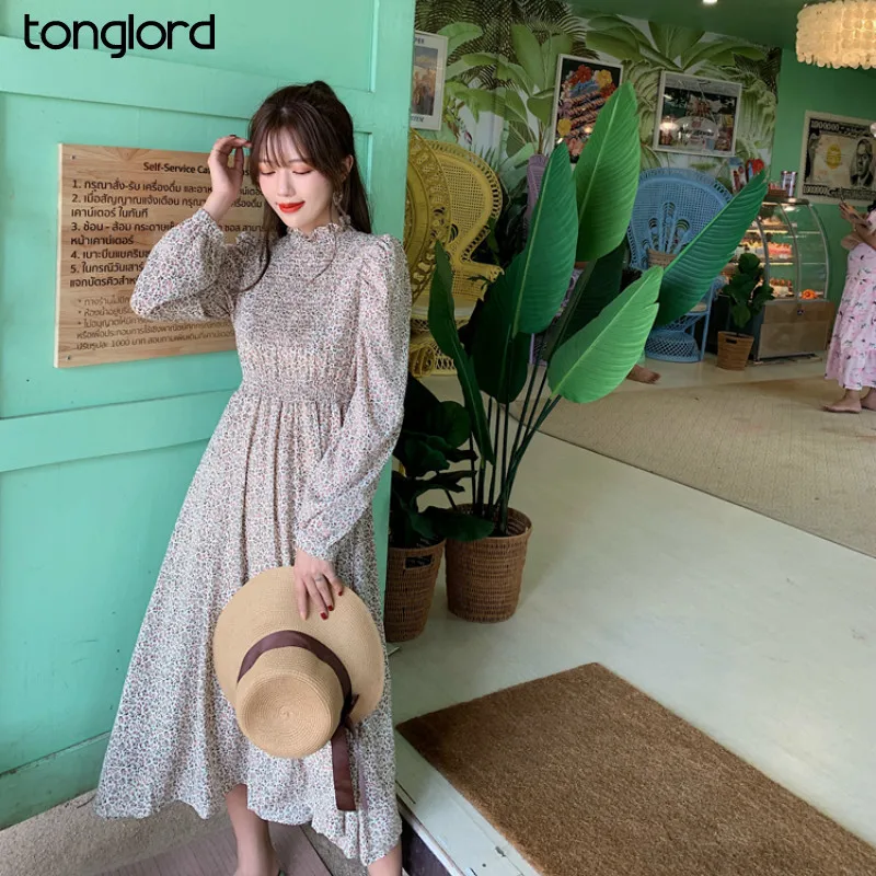 

Tonglord A-line Skirt Korean Version of All-match Printed Dress Long Sleeves Hedging High Waist Slim Chiffon Long Dresses Women